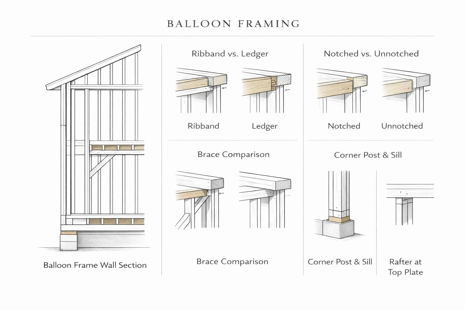 Balloon framing plate showing wall section, ribband vs ledger, notched studs, brace detail, corner post, and rafter bearing.