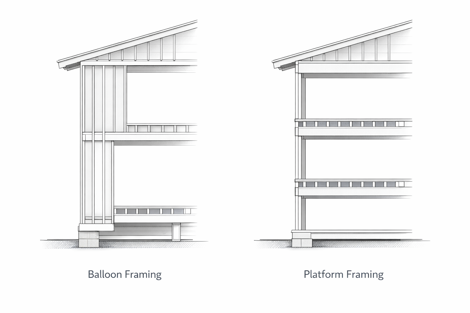 Balloon framing vs platform framing wall section comparison showing continuous studs and stacked floor platforms.