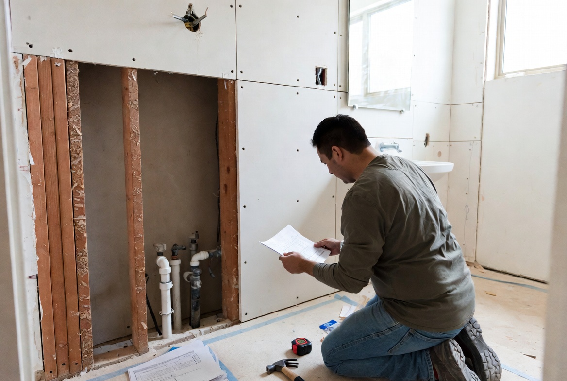Homeowner checking bathroom remodeling plans beside exposed plumbing rough-in.