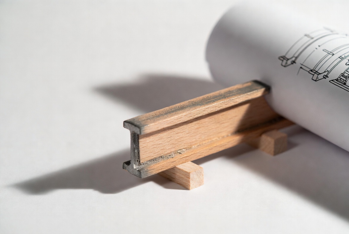 Small I-beam study model beside a rolled structural drawing.