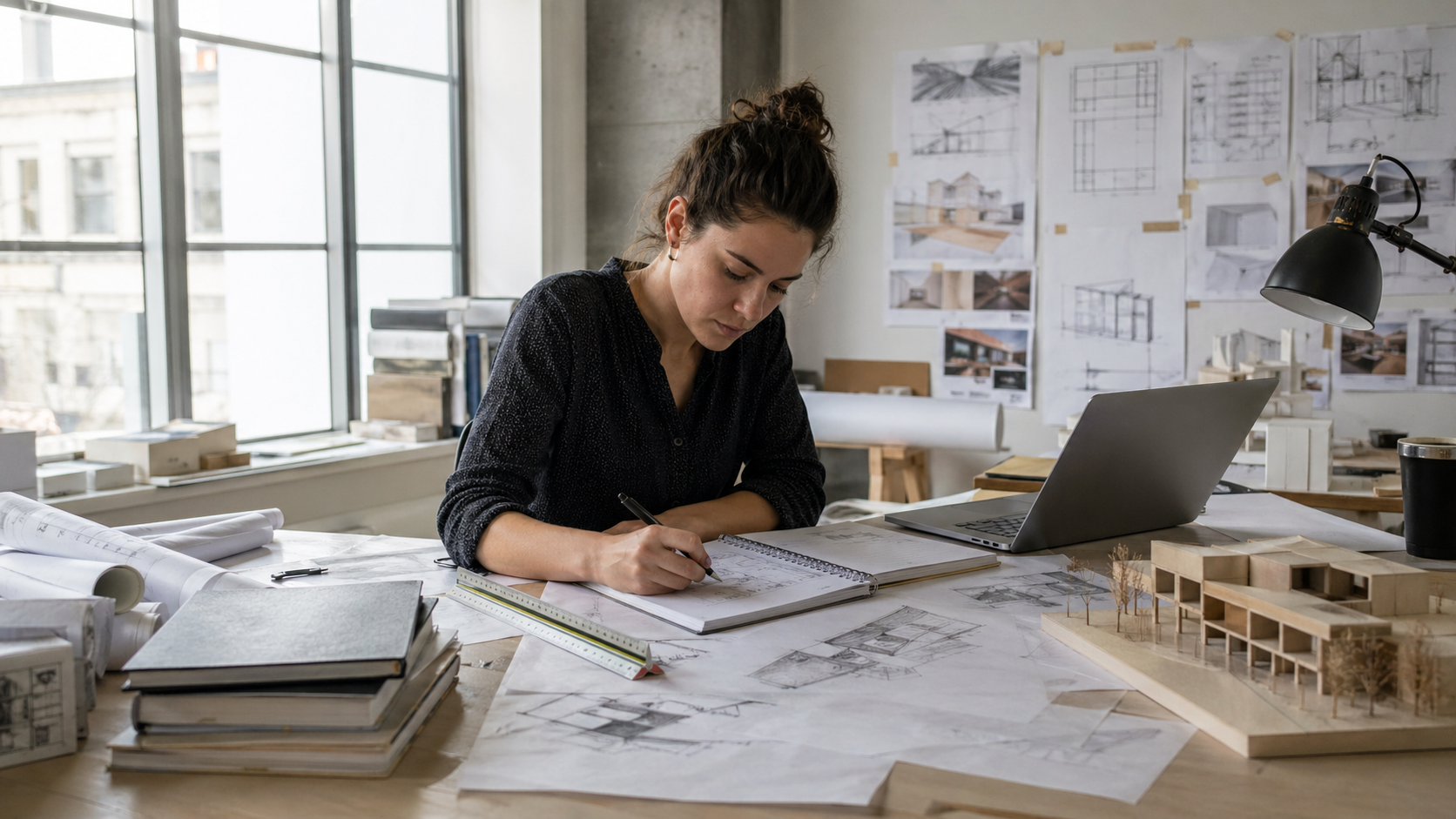Architecture graduate studying drawings, models, and exam materials in a studio workspace.