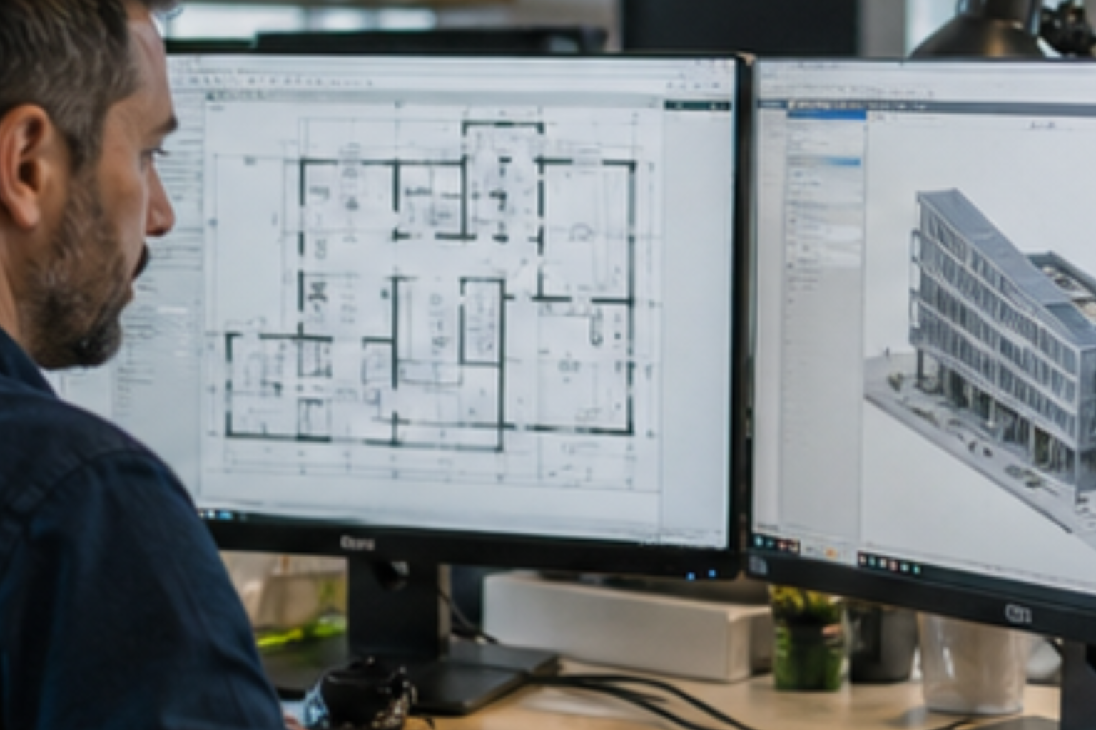 Architectural BIM specialist working at dual monitors with floor plans and a building model.