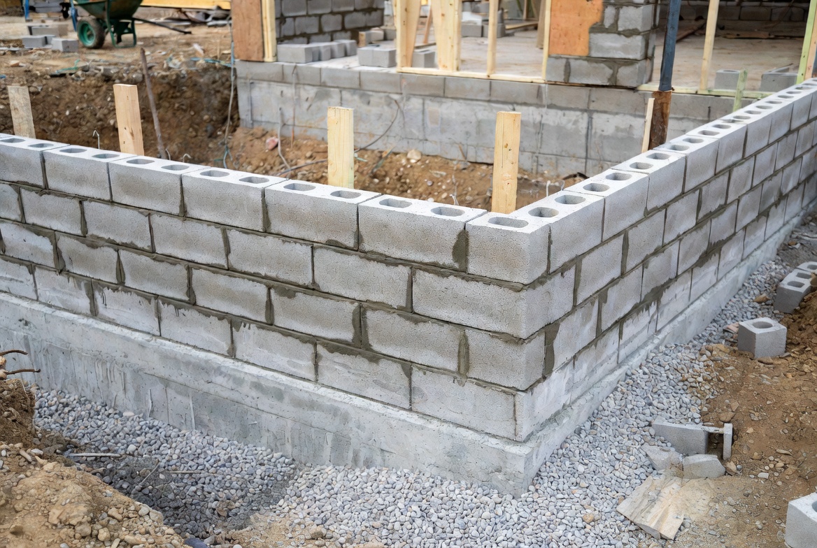 Concrete block foundation wall under construction on a poured footing at a jobsite.