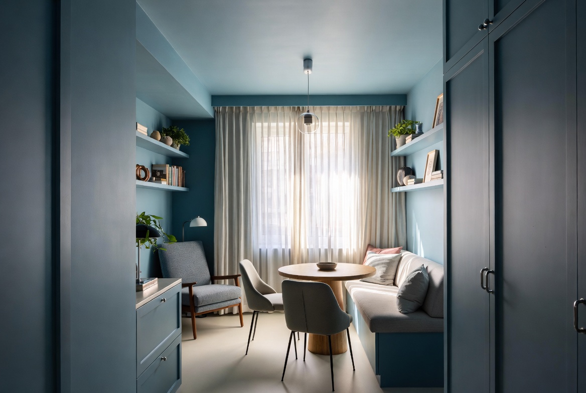 Small blue color-drenched dining nook with matching walls, shelving, cabinetry, and trim.