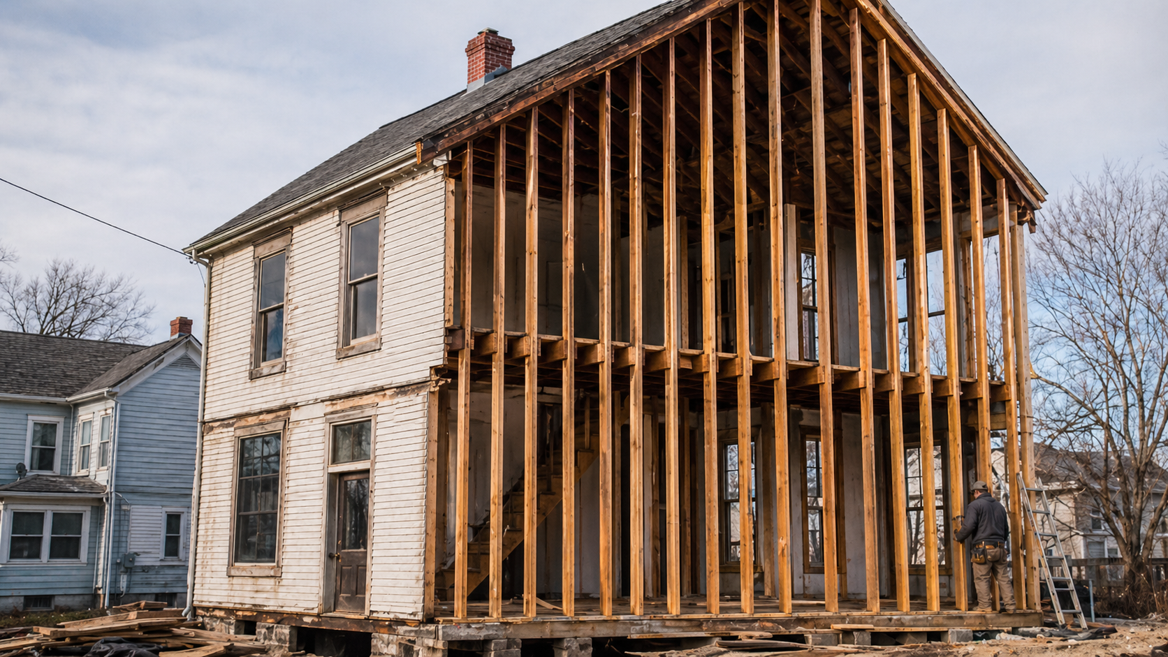 Older American box-shaped wood house opened during renovation, showing balloon framing with tall continuous studs.