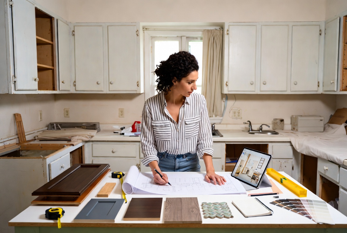Homeowner reviewing cabinet layout plans with hardware and material samples during renovation.