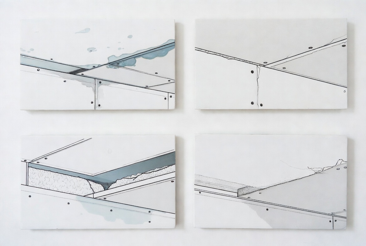 Diagram showing common ceiling problems including water staining, cracks, insulation gaps, and surface damage.