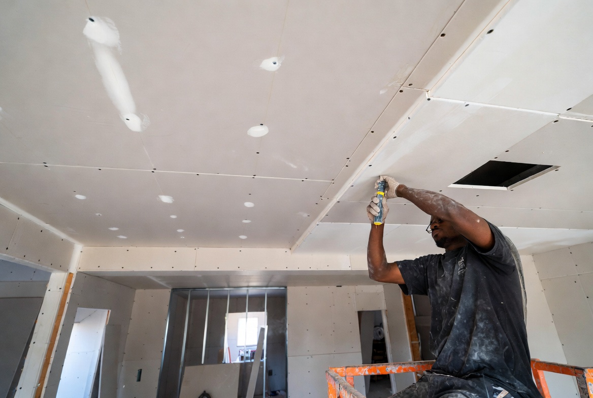 Worker fastening drywall ceiling panels during interior finishing.