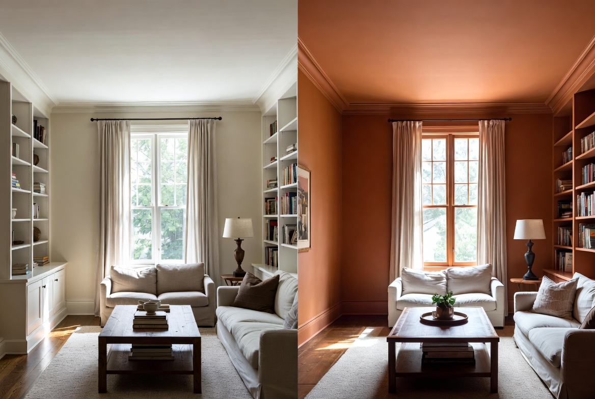 Before-and-after living room showing neutral walls changed to warm terracotta color drenching.