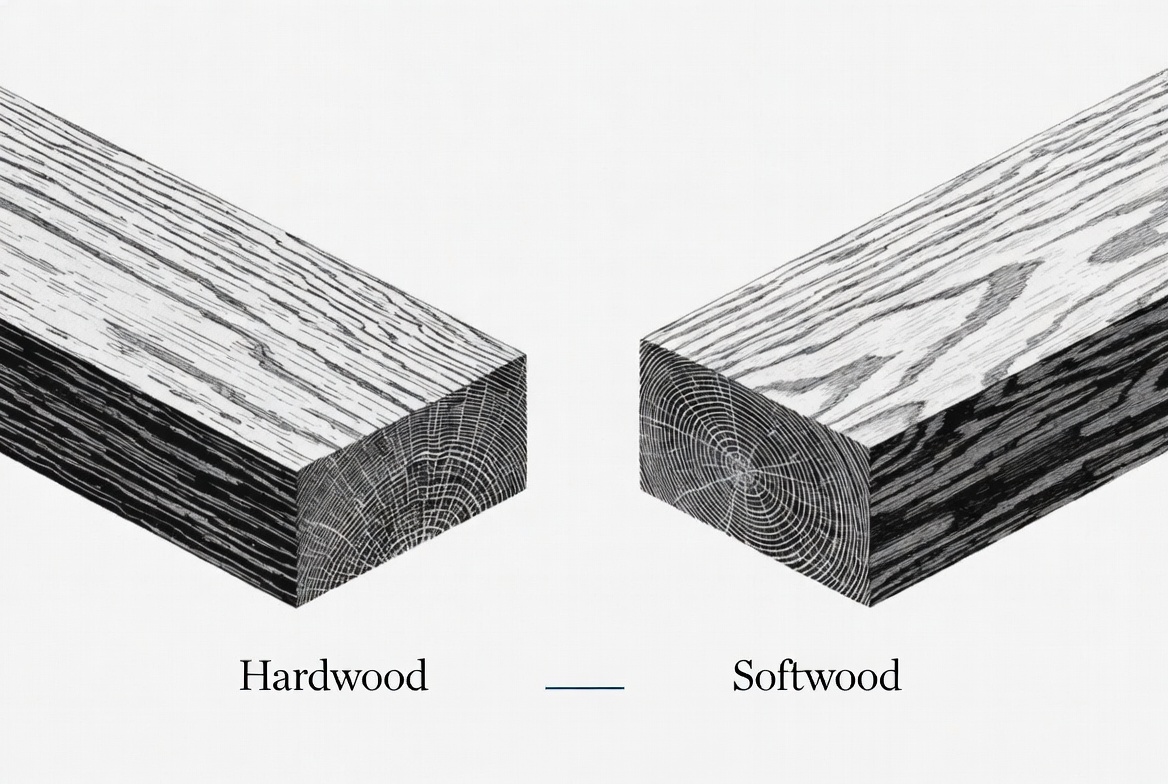 hardwood-vs-softwood.jpg Alt Comparison diagram of hardwood and softwood boards showing face grain and end grain differences.