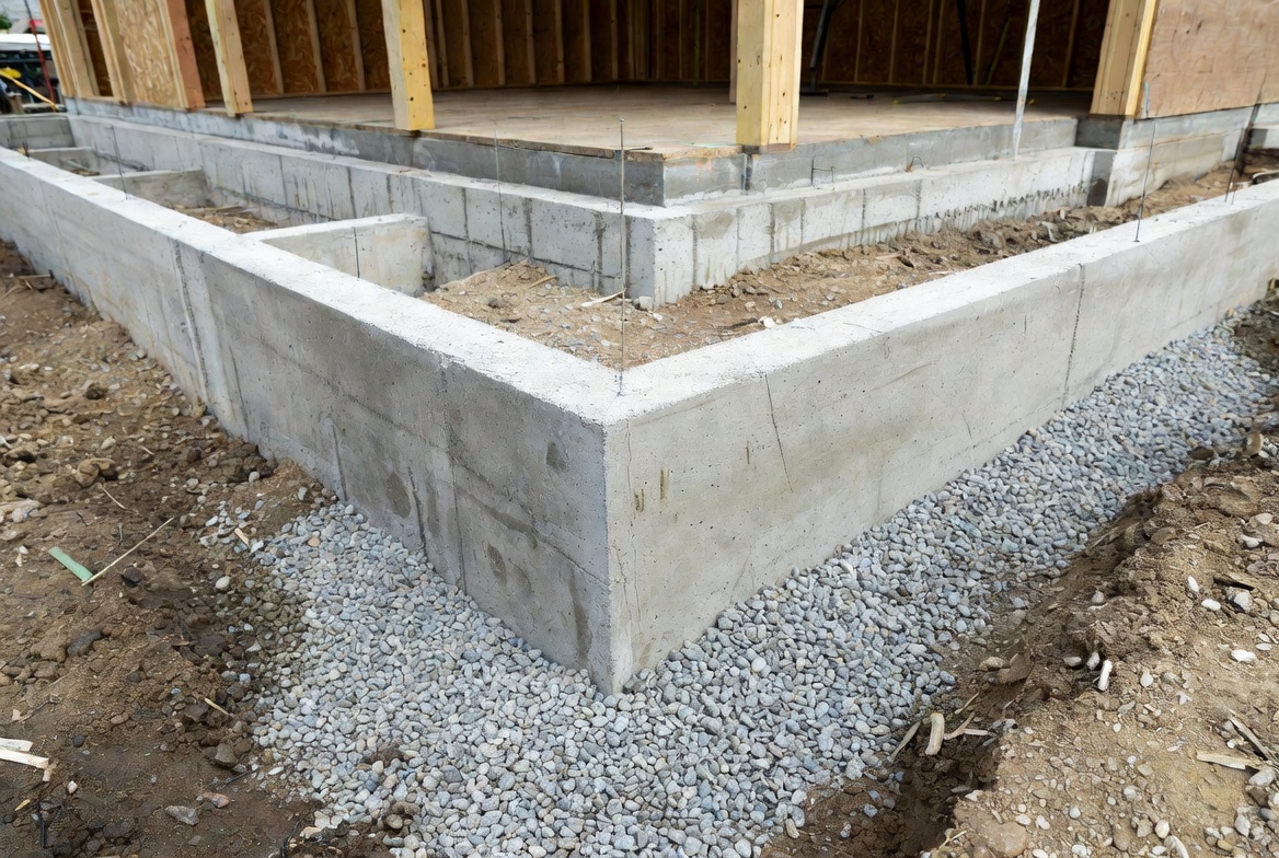 Poured concrete house foundation corner with gravel base at a residential jobsite.