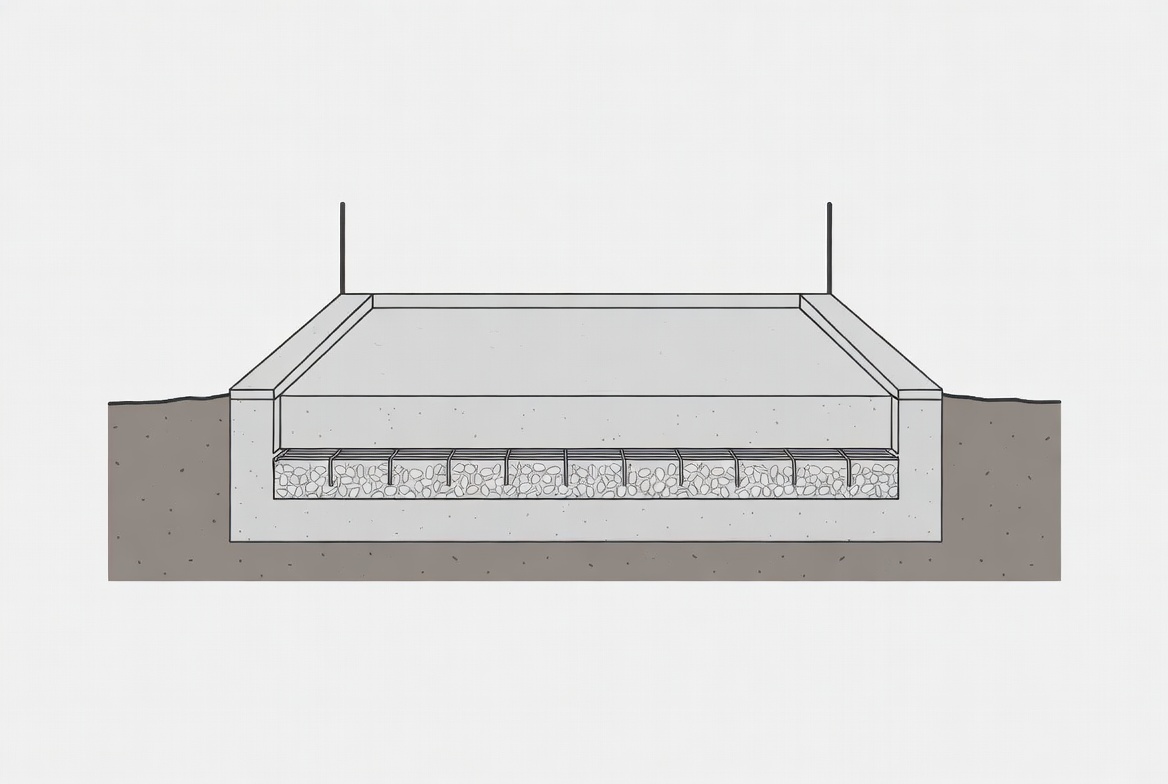 Concrete pad section showing slab thickness, compacted gravel base, and surrounding soil.