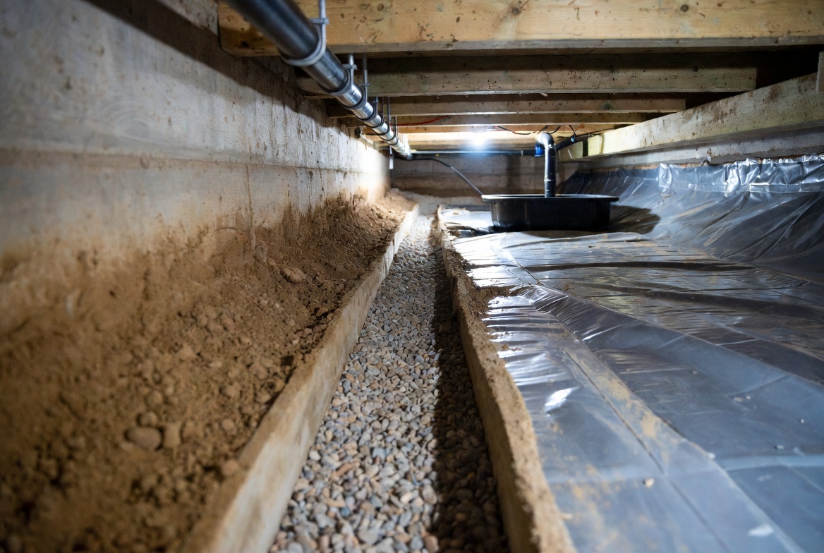 Crawl space perimeter drain trench and sump basin beside a ground vapor barrier.