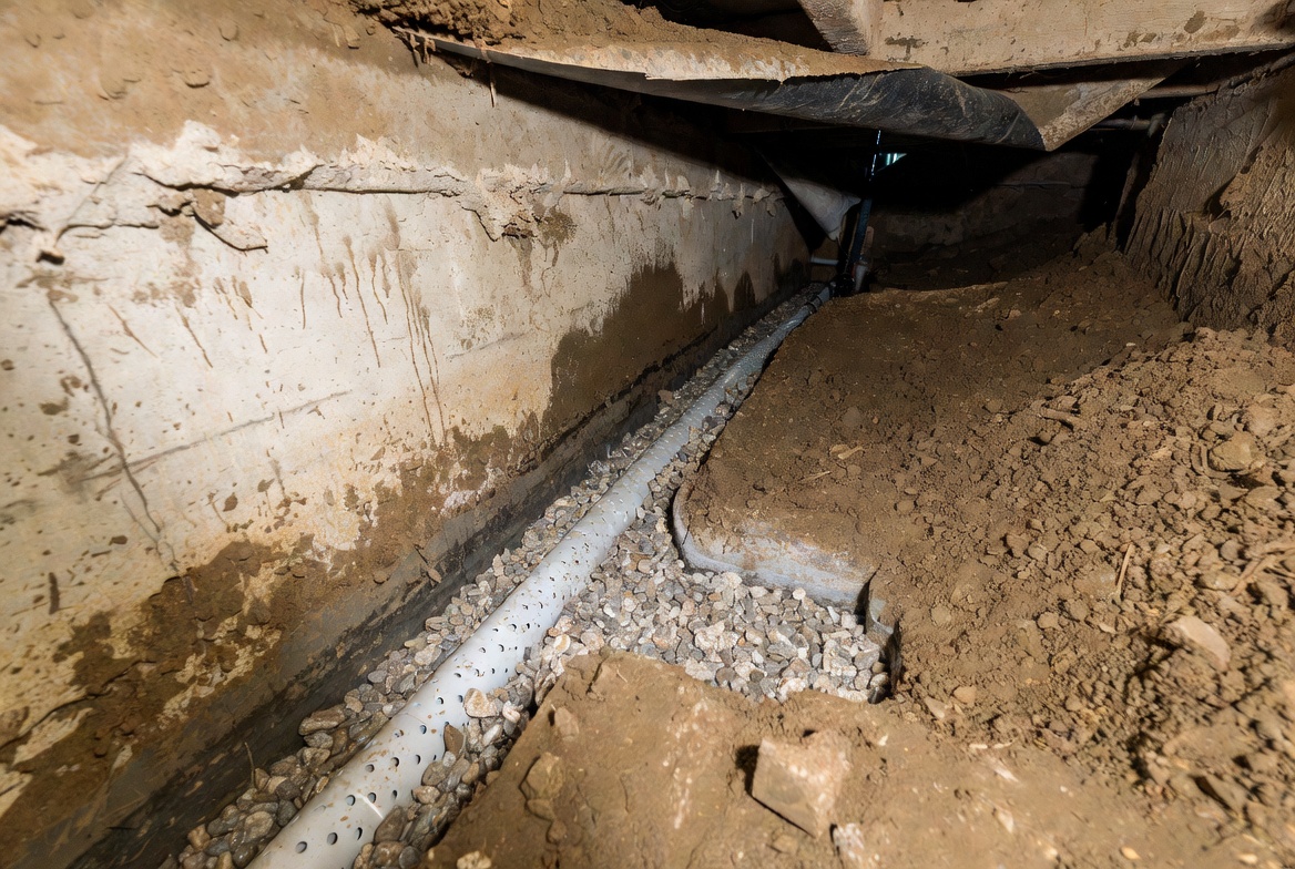 Perforated drain pipe installed in gravel along a crawl-space foundation wall.