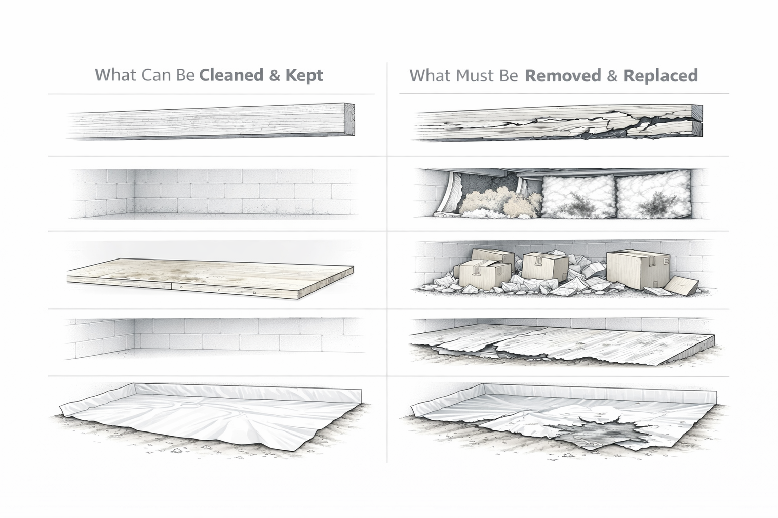   Crawl space remediation comparison showing what can be cleaned and kept versus replaced.