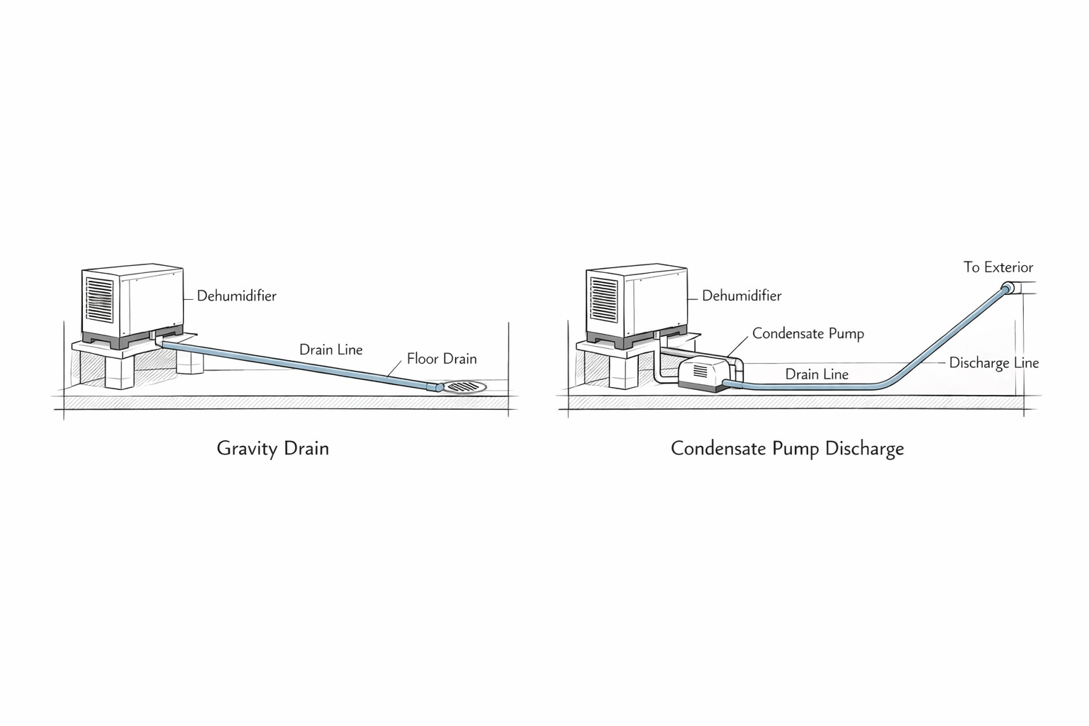 Crawl-space dehumidifier drain routing comparison showing gravity drain and condensate pump discharge.