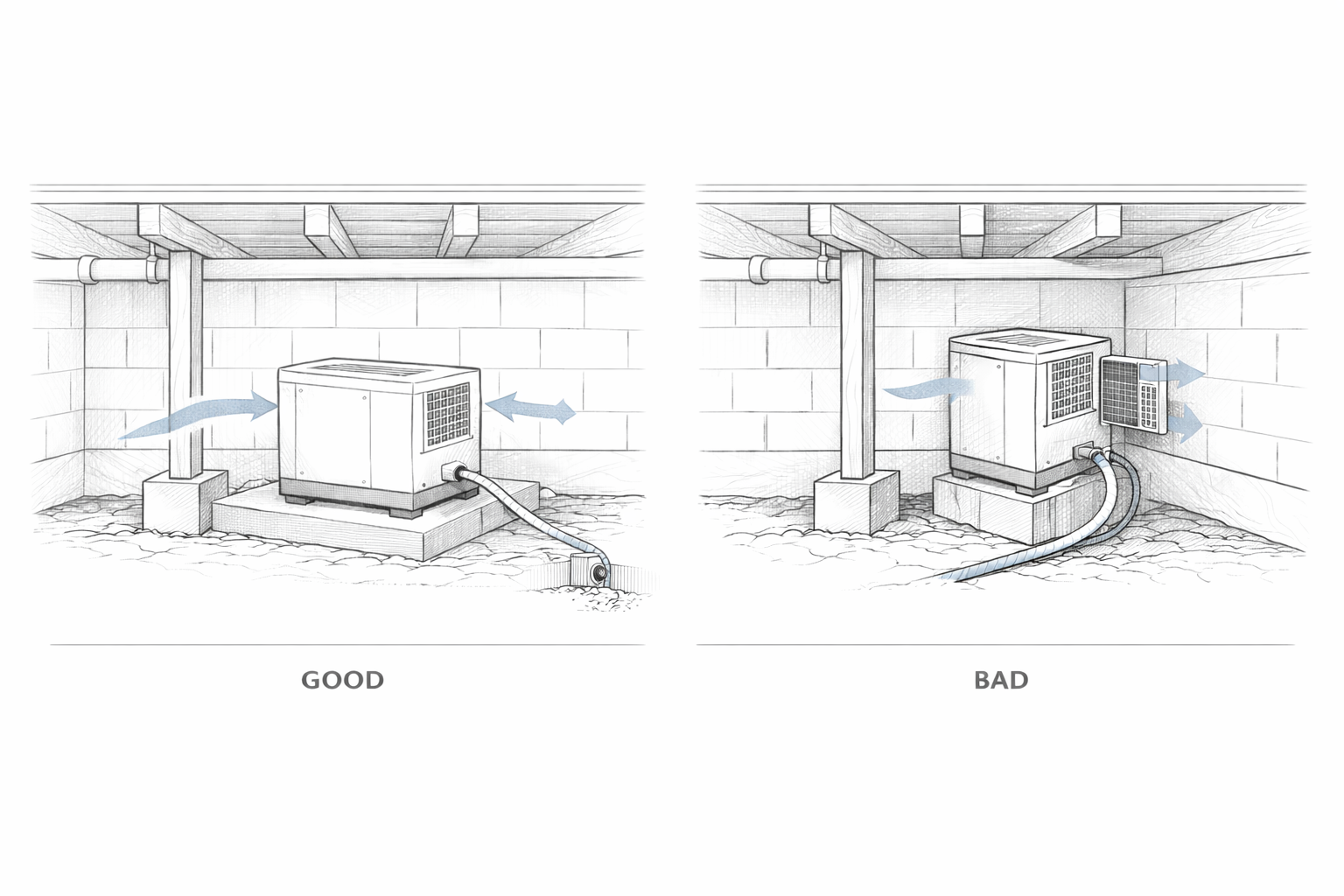 Good vs bad crawl-space dehumidifier placement with airflow and drain routing comparison.