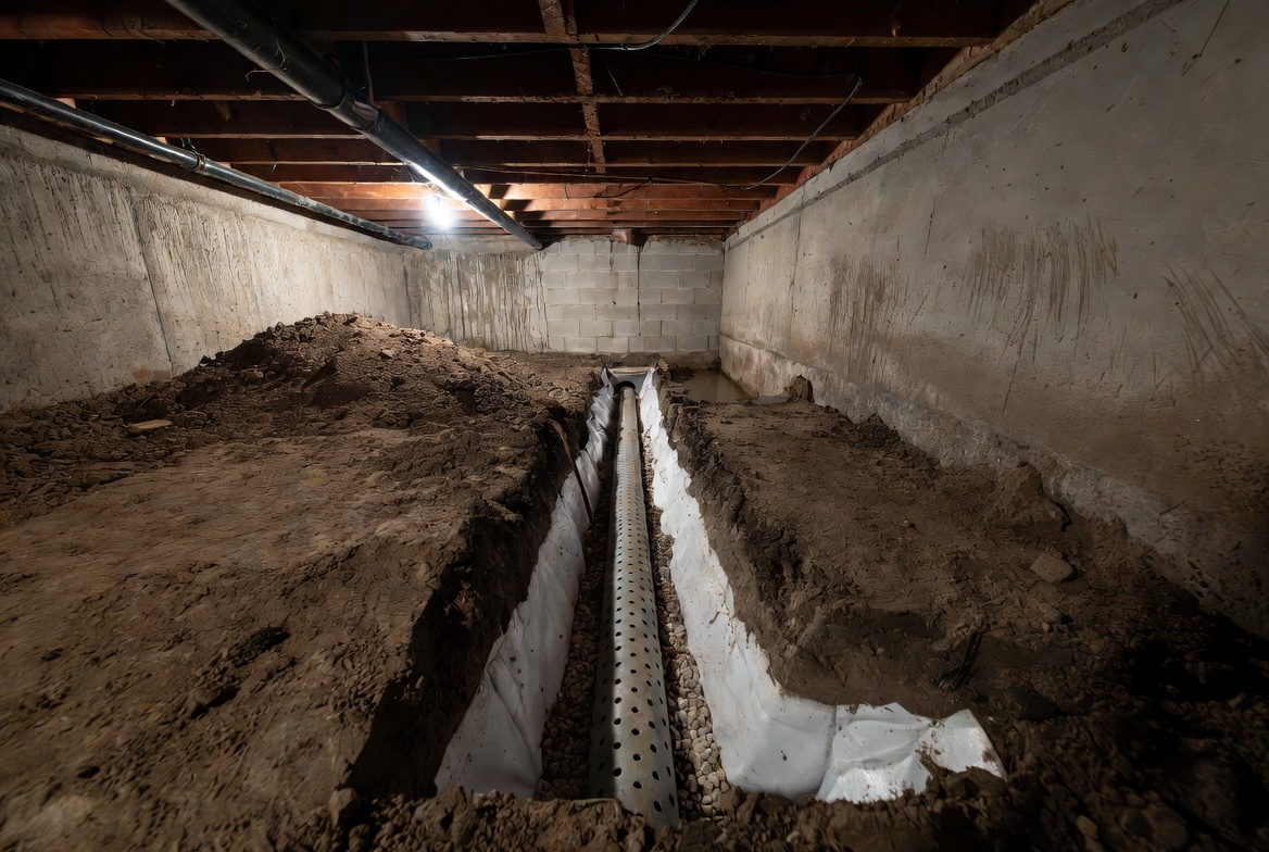 Interior crawl space drainage trench with perforated pipe set in gravel beside the footing.