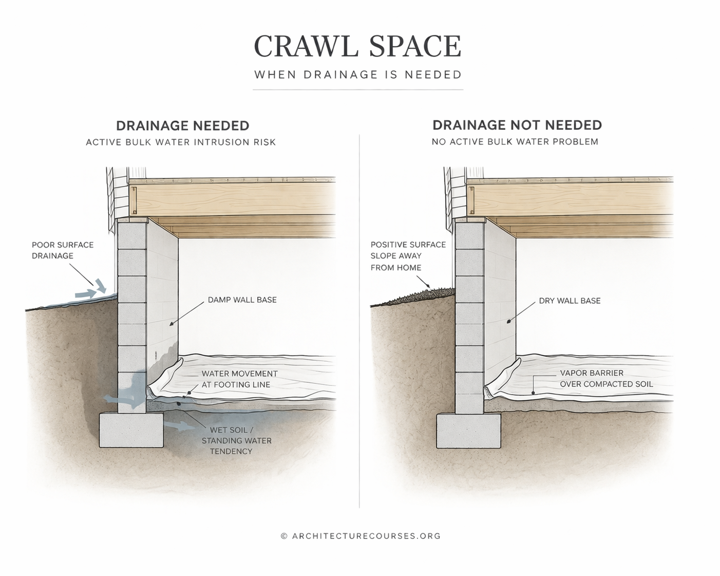 Comparison showing when a crawl space drainage system is needed and when it is not.