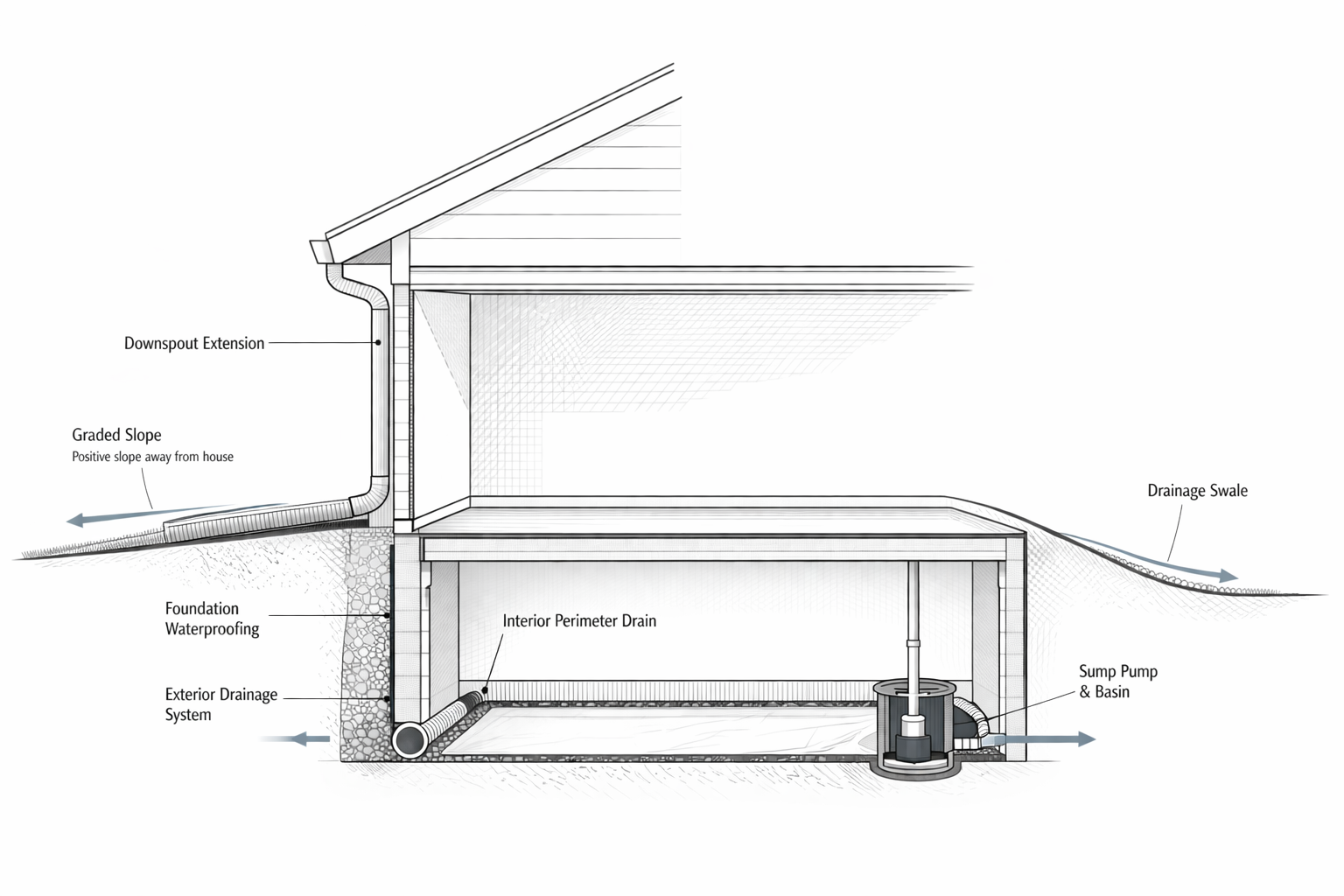 Crawl space drainage system diagram showing grading, foundation waterproofing, perimeter drain, and sump pump.
