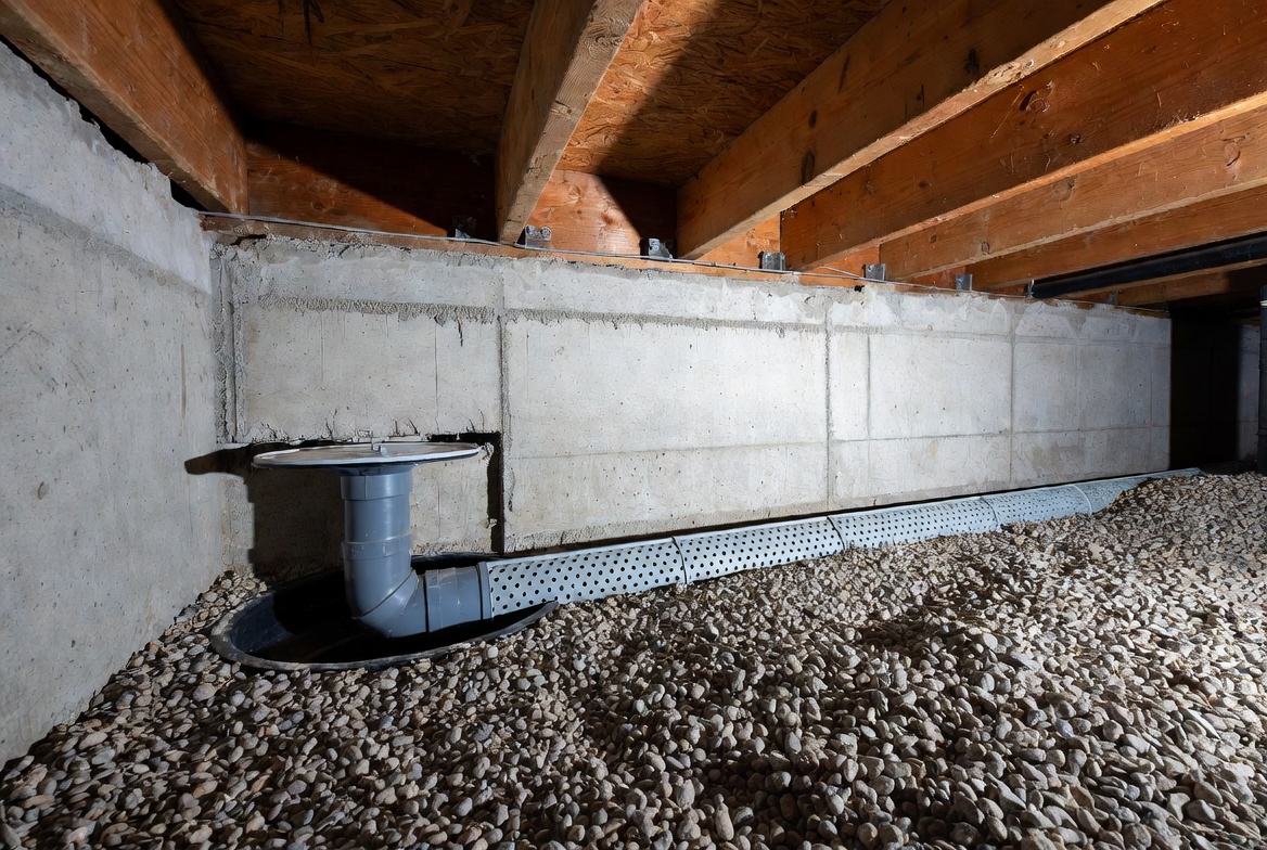 Crawl space drainage pipe in gravel bed connected to a sump basin beside a foundation wall.