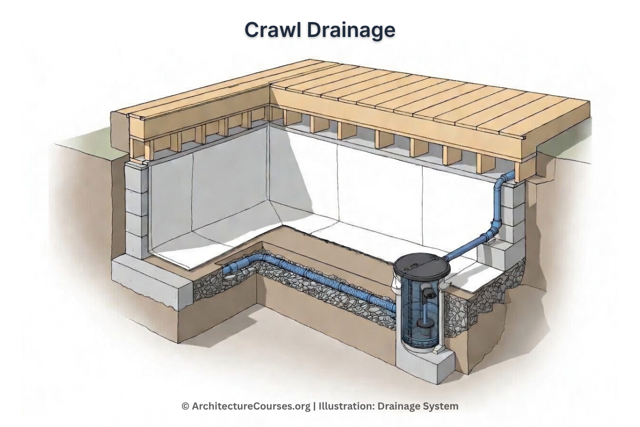 Cutaway diagram of a crawl space drainage system with interior trench drain, sump basin, and liner.