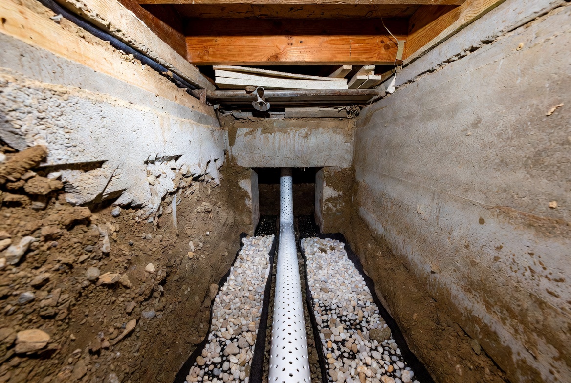 Crawl space perimeter drain trench with perforated pipe set in washed stone.