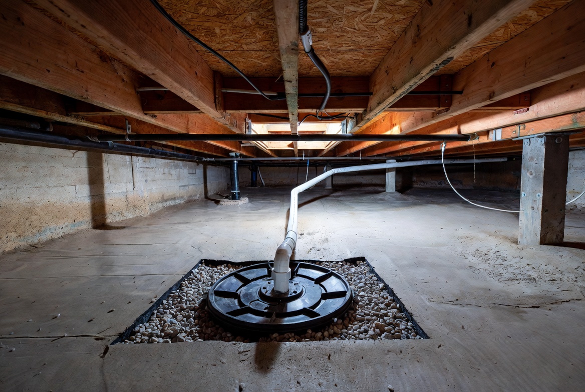 Crawl space sump basin with sealed ground liner and interior drainage system.