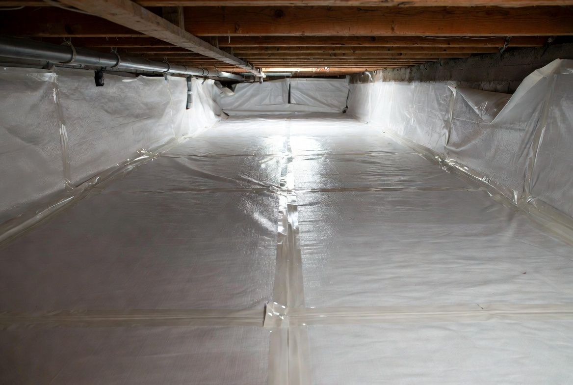 Crawl space with white vapor barrier installed across the floor and turned up the walls.