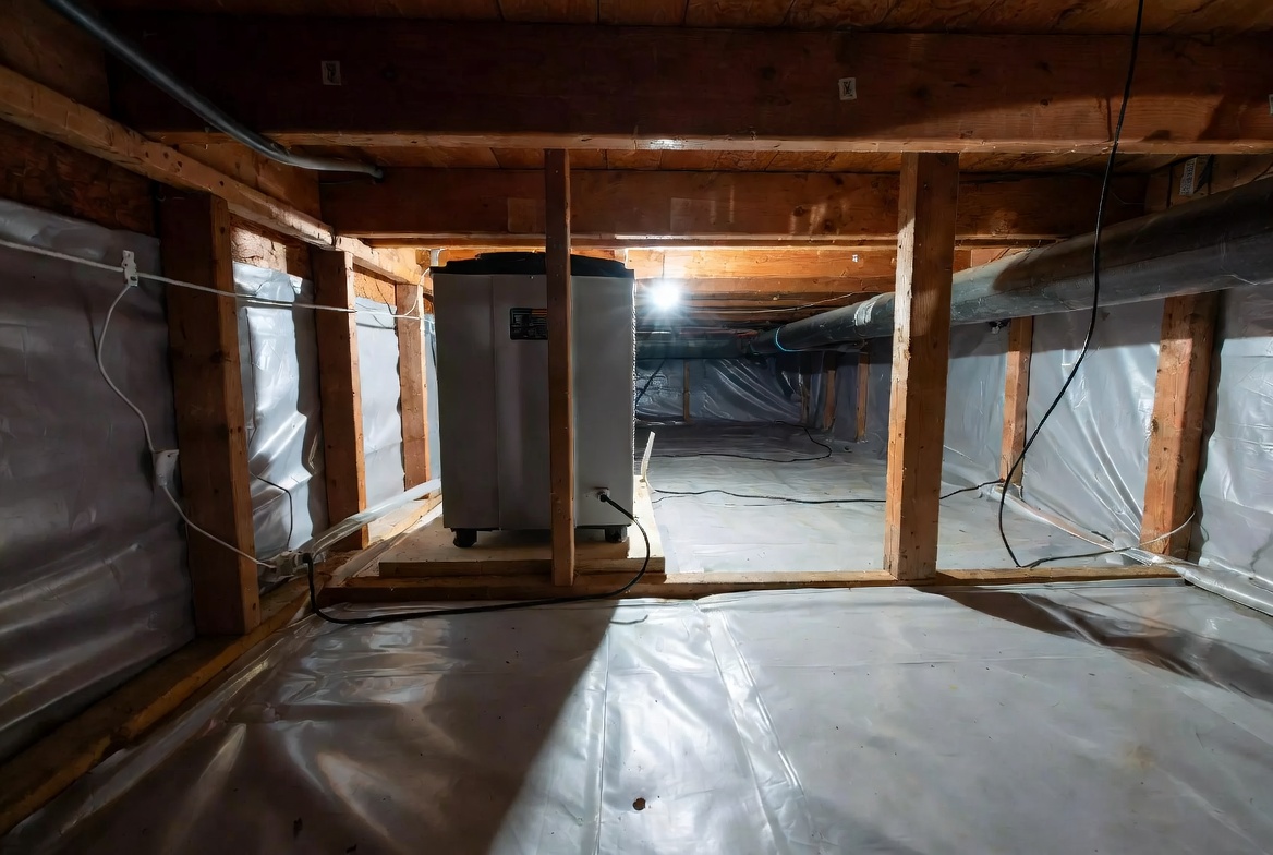 Encapsulated crawl space with a dehumidifier installed over a sealed vapor barrier.
