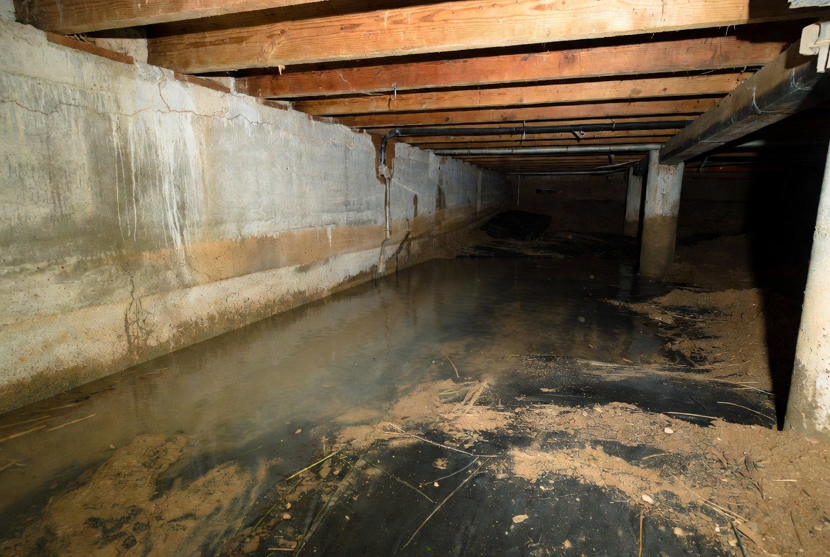 Standing water across a crawl space floor beneath joists and foundation walls.
