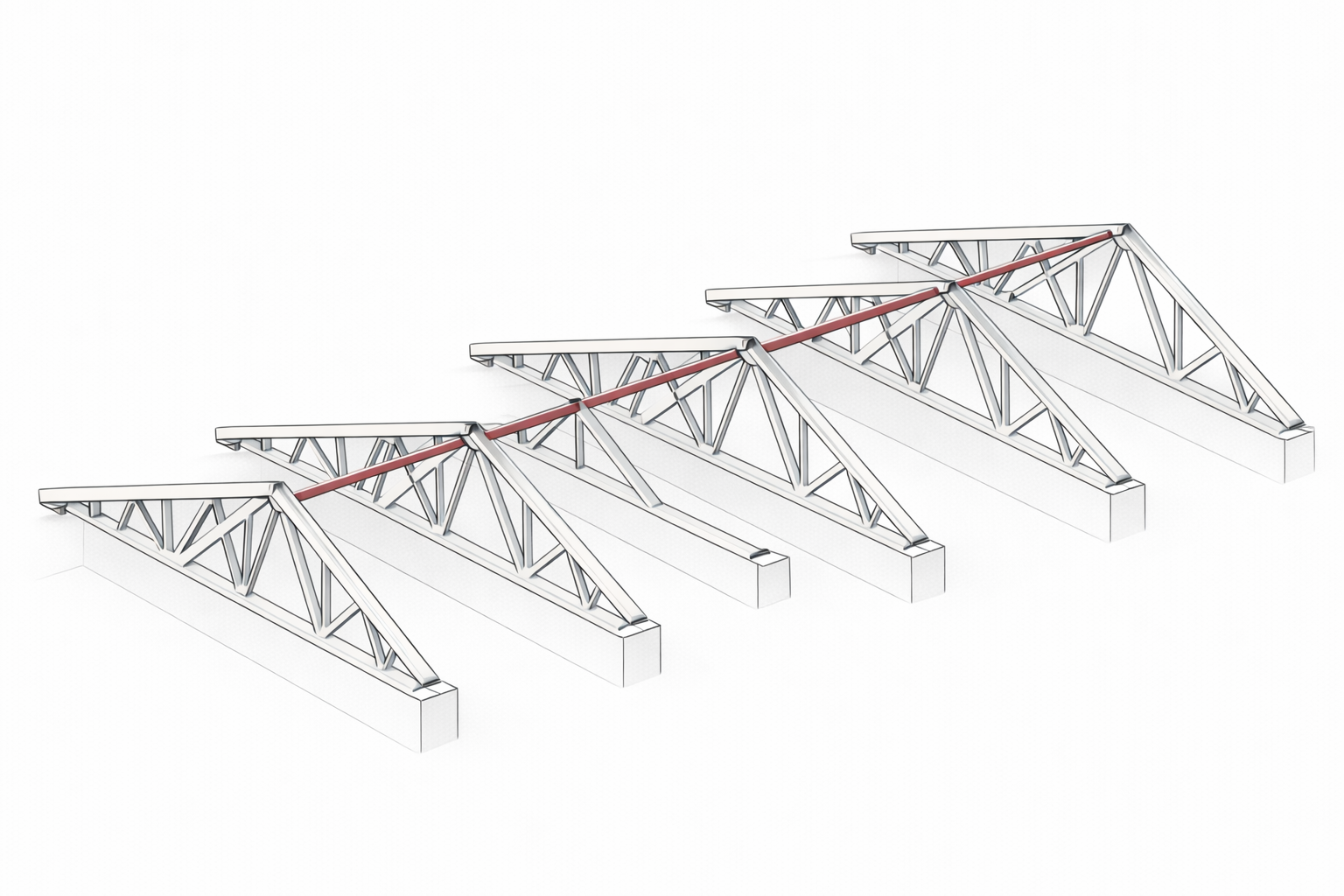 Diagonal bracing running across the top chords of parallel wood roof trusses.