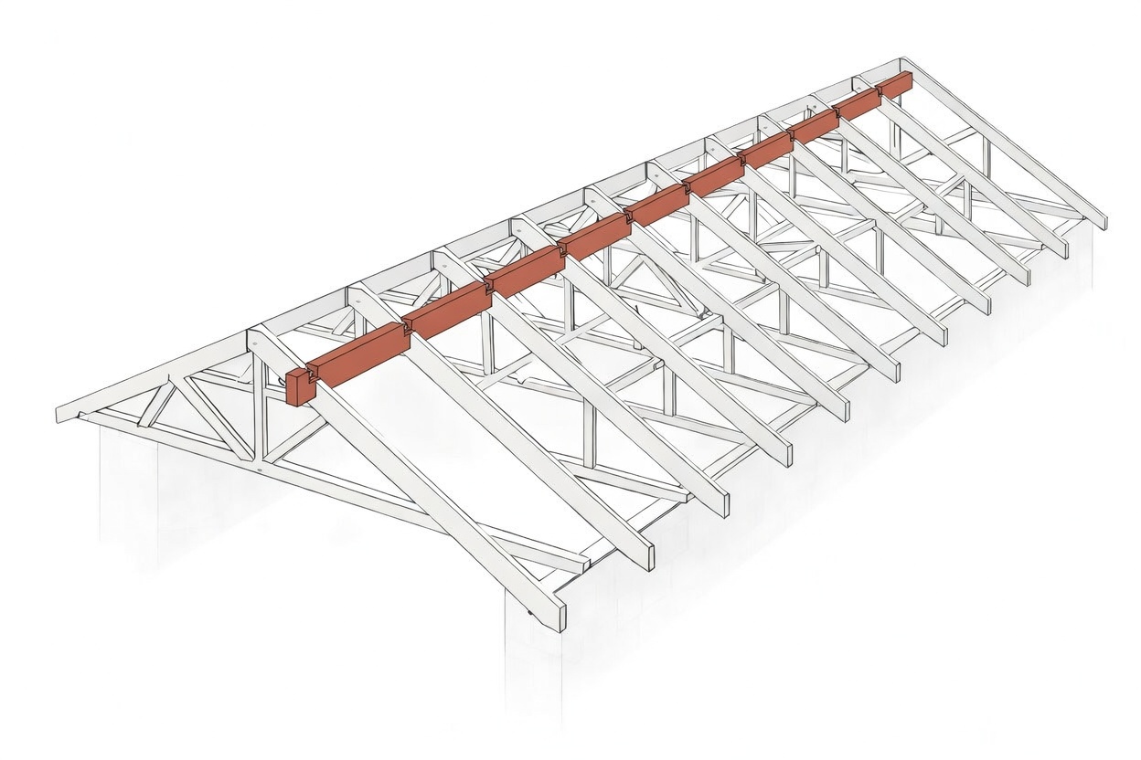 Diagonal bracing installed across the top chords of wood roof trusses shown in axonometric framing view