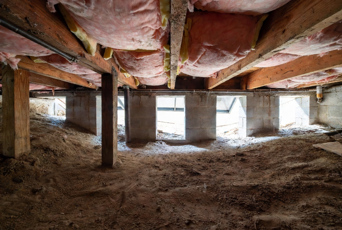 Unsealed crawl space with bare soil, exposed framing, and sagging batt insulation.