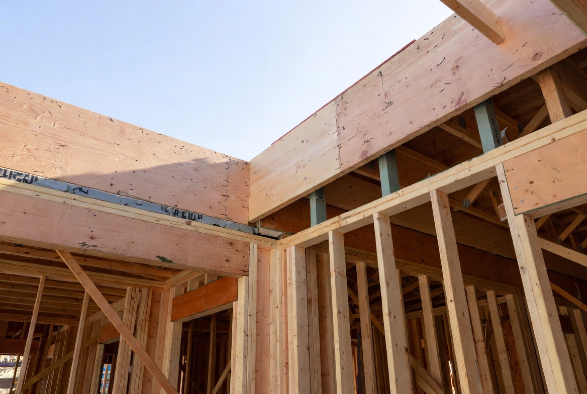 Wood framing at a diaphragm and wall intersection where a drag strut or collector zone is formed.