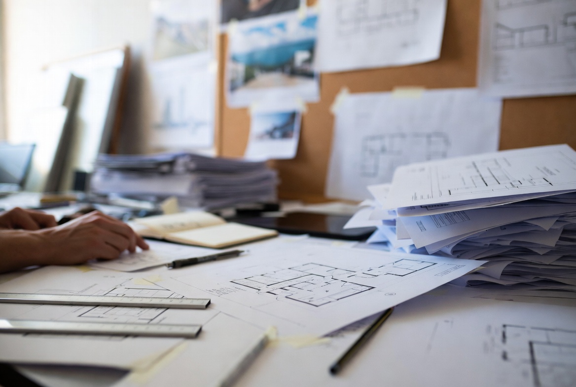 Architectural plan sheets, rulers, and stacked drawings on a working studio desk.