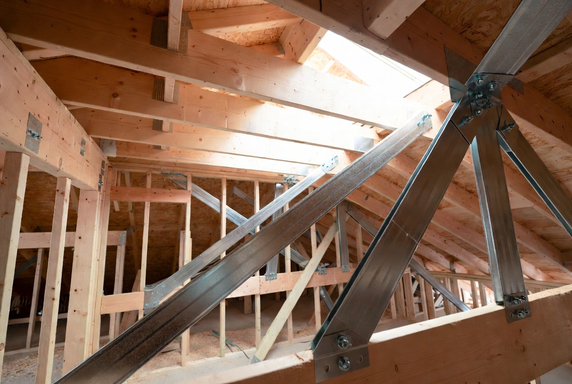 Engineered metal roof braces bolted into a wood attic frame at a reinforced connection.