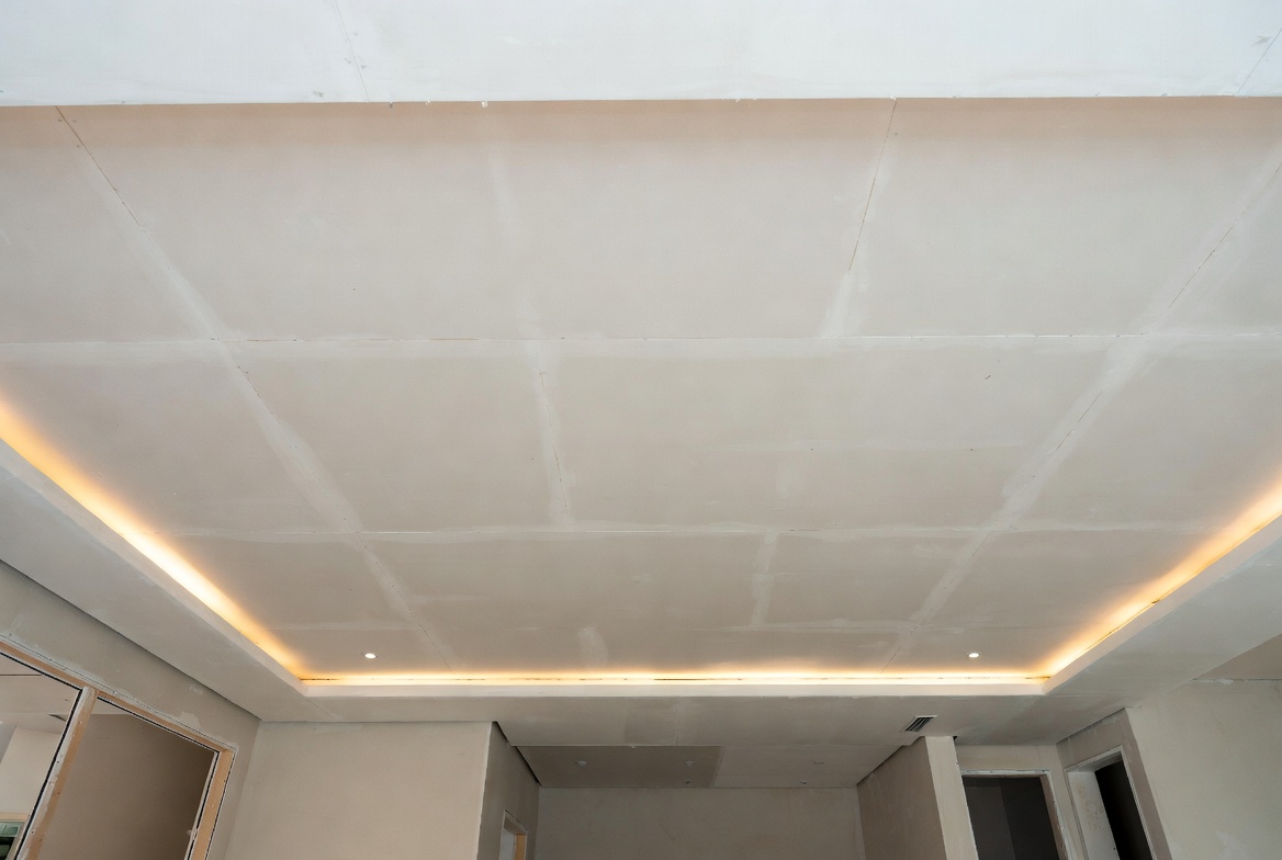 Tray ceiling with recessed lighting at the drywall finishing stage.