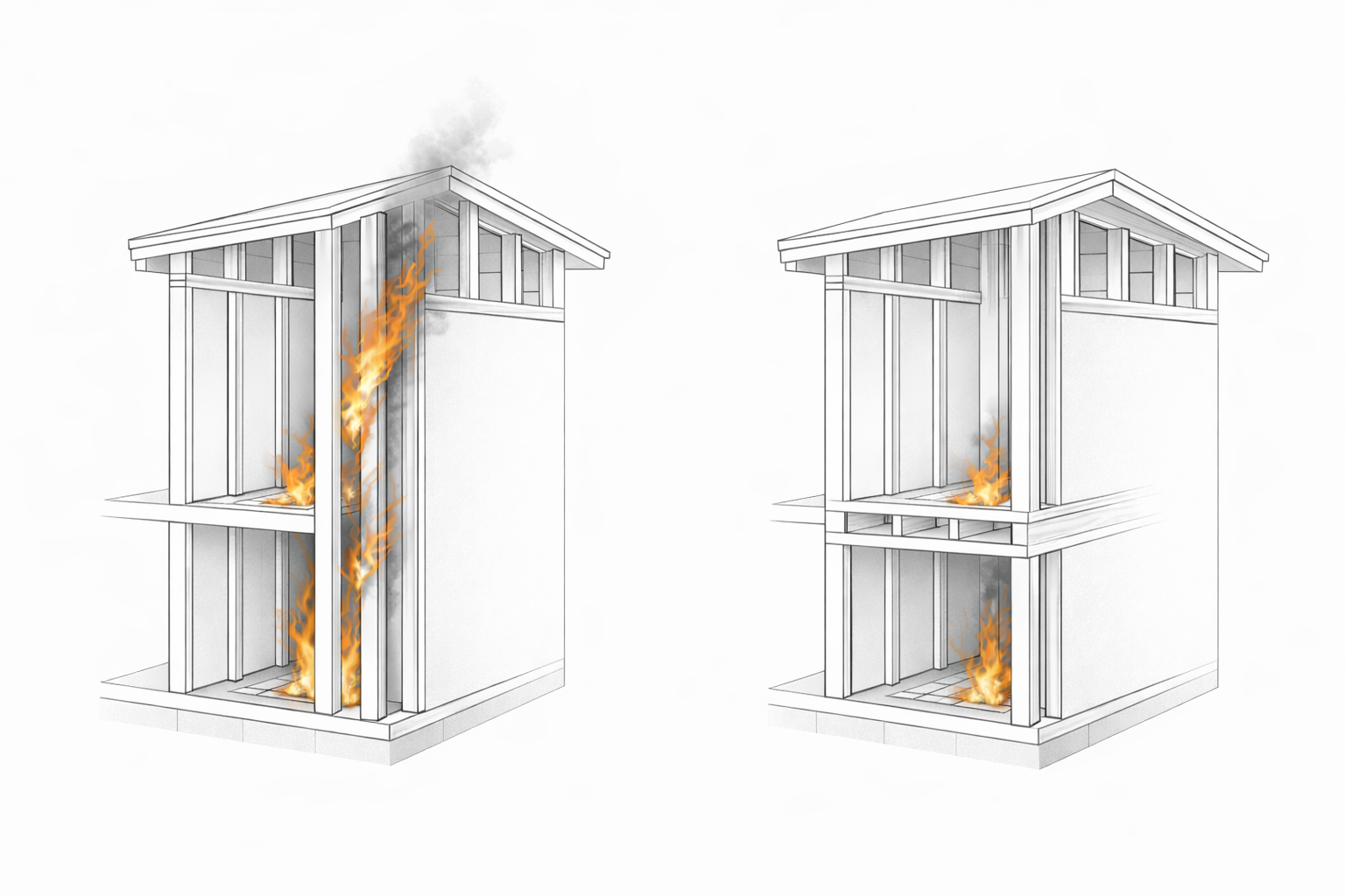 Balloon framing and platform framing wall section comparison showing different fire spread paths.
