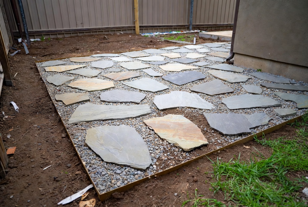 Dry-laid flagstone patio over gravel base as a low-concrete outdoor slab alternative.