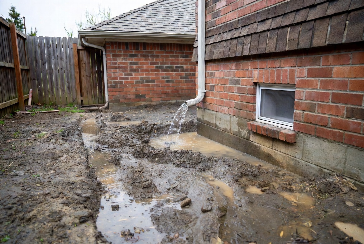Short downspout discharging beside a brick foundation with muddy pooling along the wall.