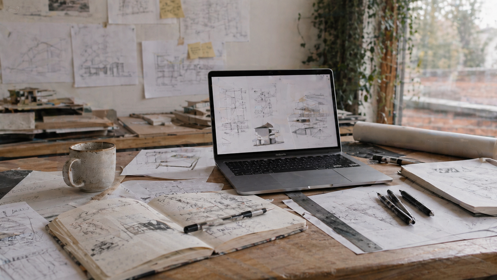 Laptop with architecture sketches open on a messy studio desk with drawings, pens, a ruler, notebook, and model-making materials.