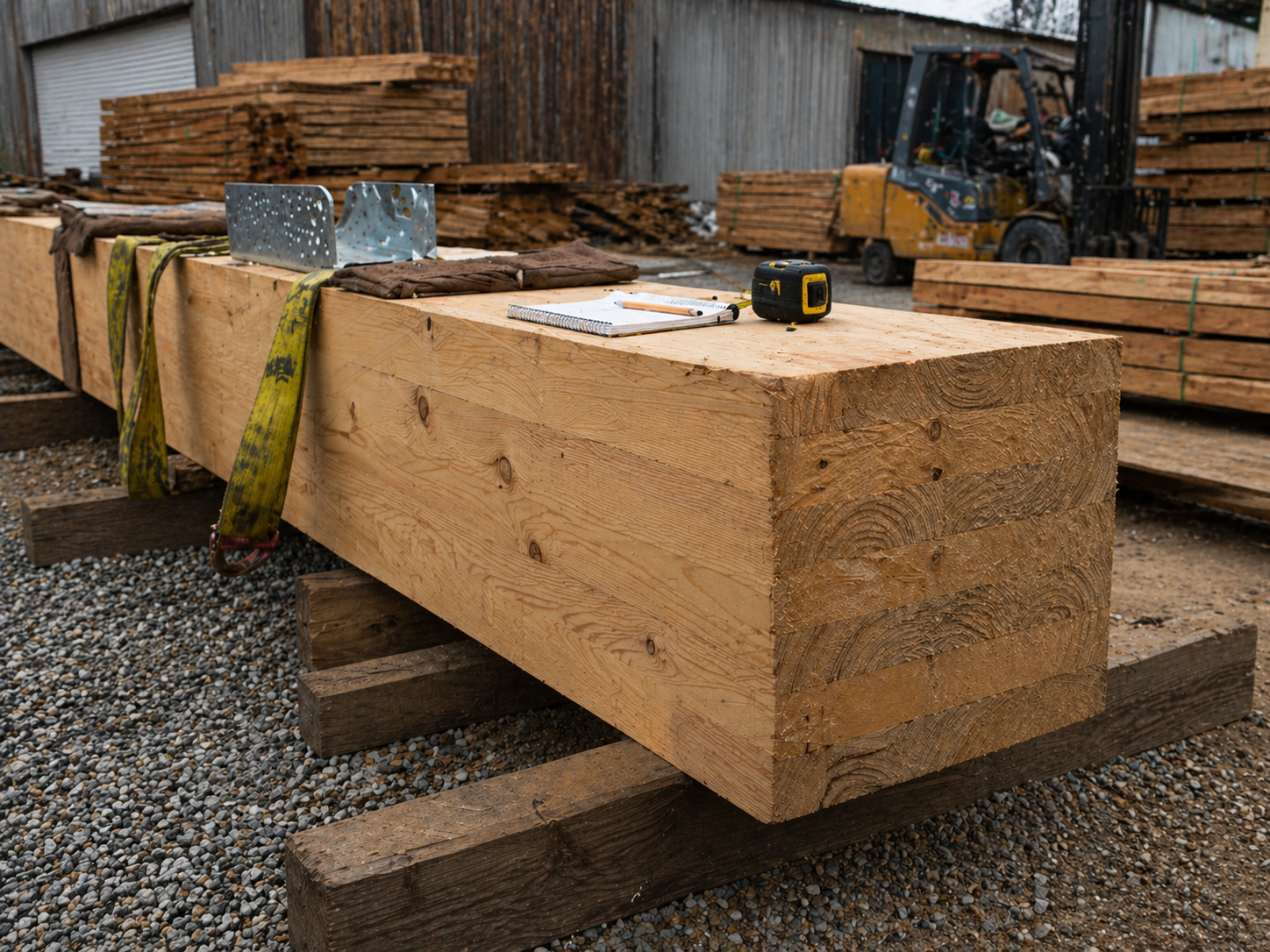 Large glulam beam staged in a lumberyard with straps, hardware, notebook, and forklift nearby.