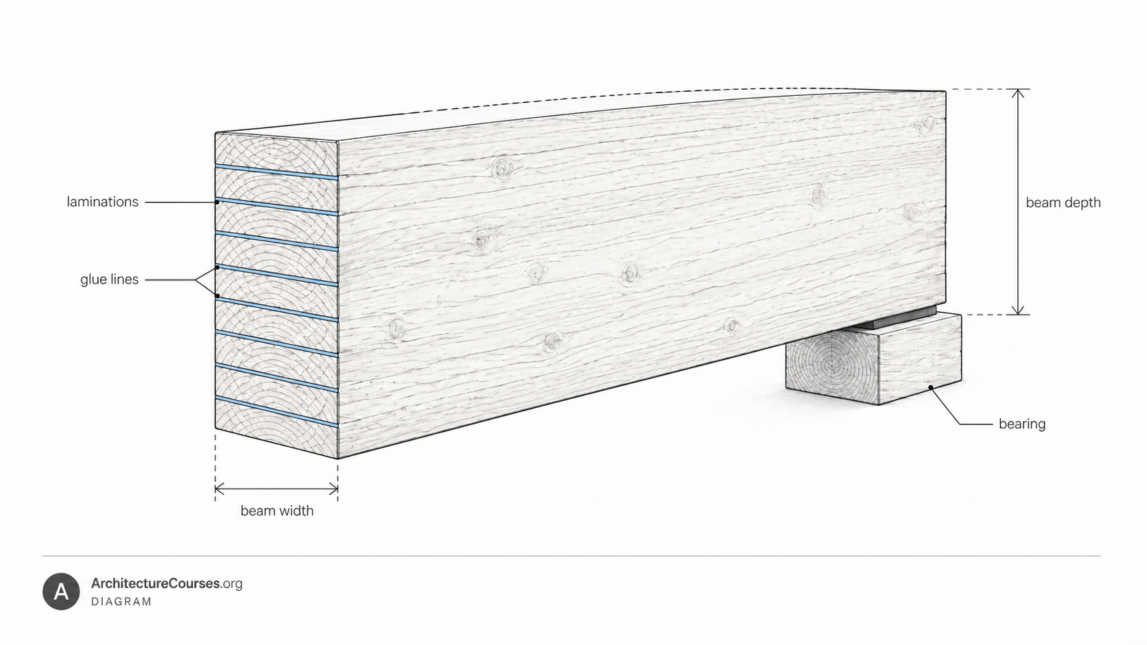 Glulam beam cutaway showing horizontal laminations, glue lines, beam depth, beam width, and bearing.