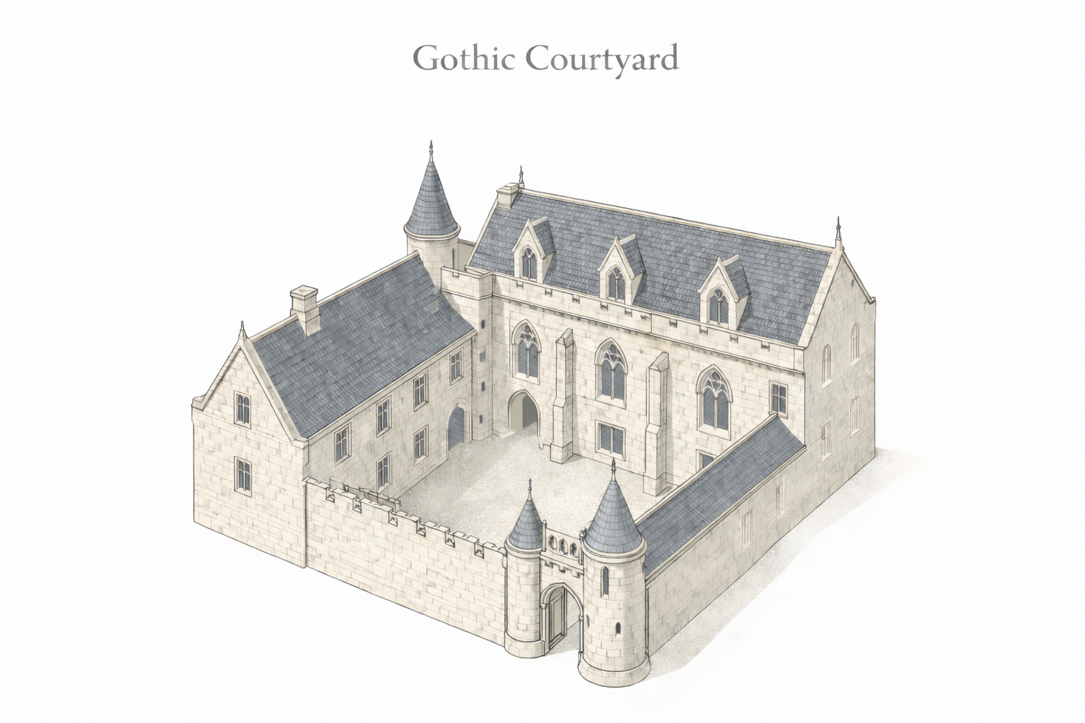 Gothic courtyard axonometric showing enclosed walls, towers, steep roofs, and pointed openings.