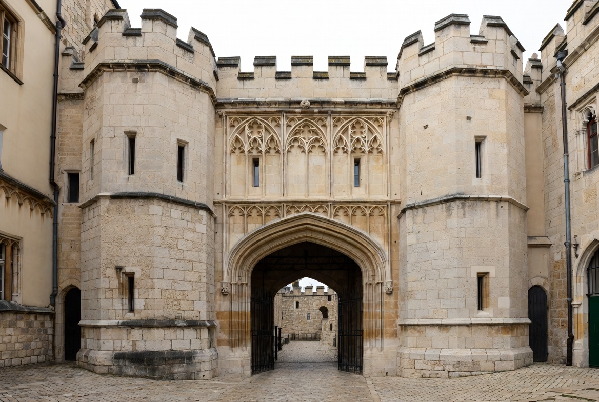 Gothic gatehouse with pointed arch entry, towered massing, and stone facade.