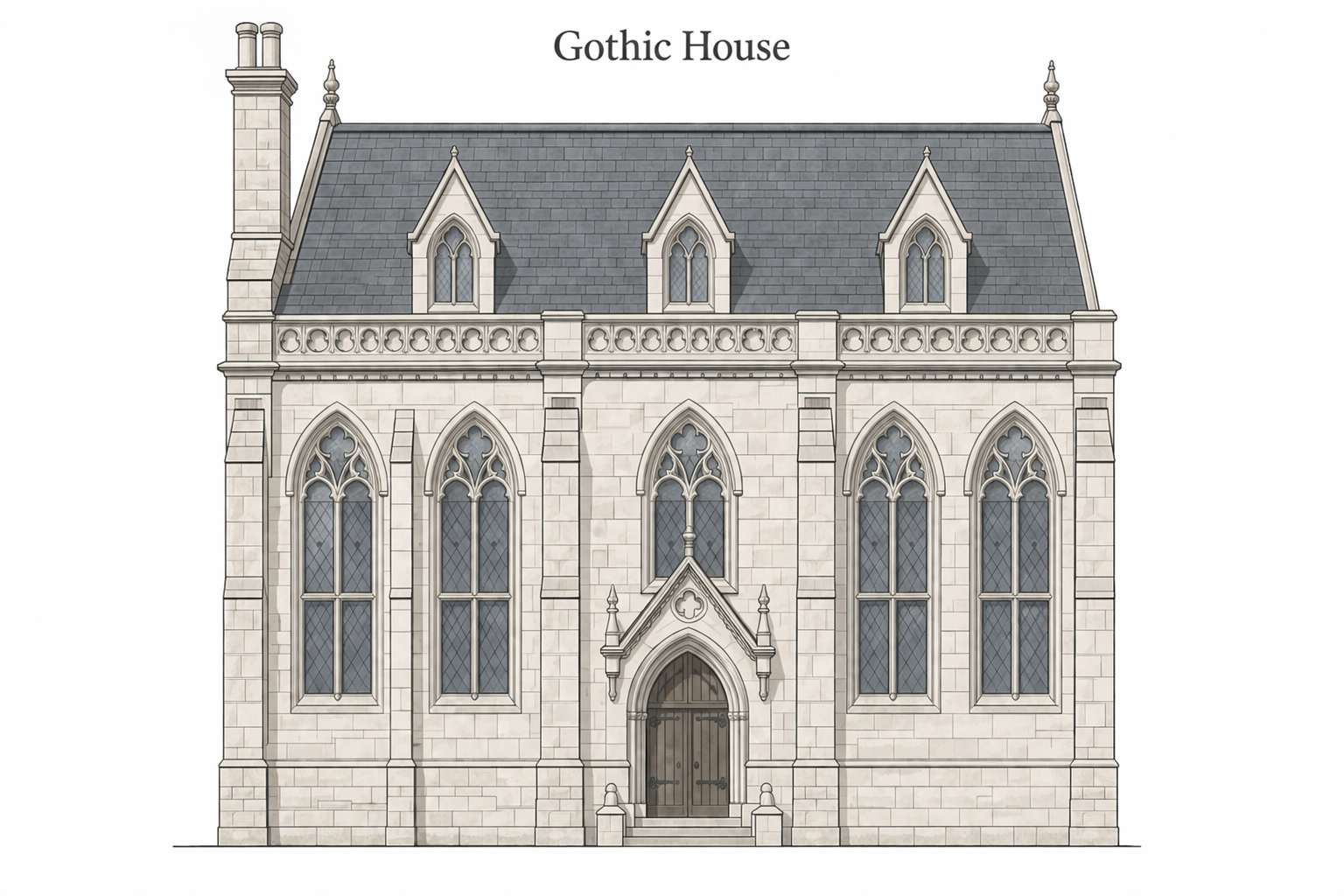 Gothic house elevation with steep roof, pointed windows, parapet band, and central pointed entry.