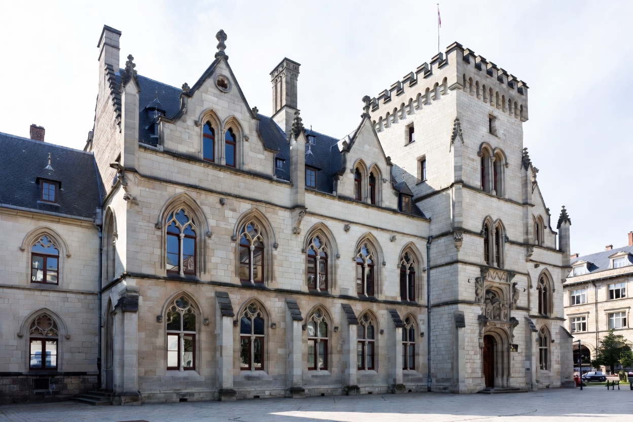 Gothic civic building with pointed arch windows, tower, and stone facade.