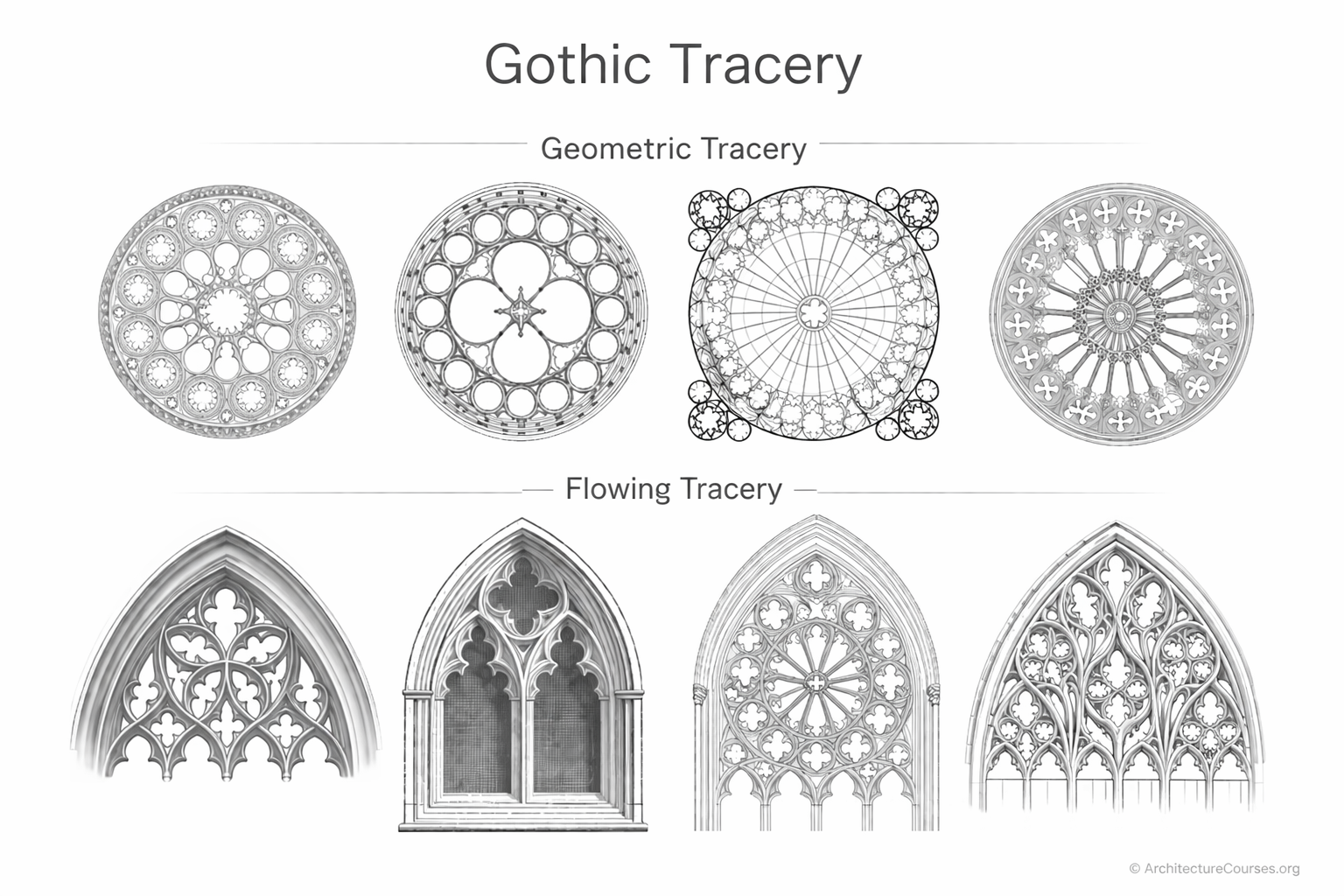 Gothic tracery types showing geometric rose window tracery and flowing pointed-arch tracery patterns.