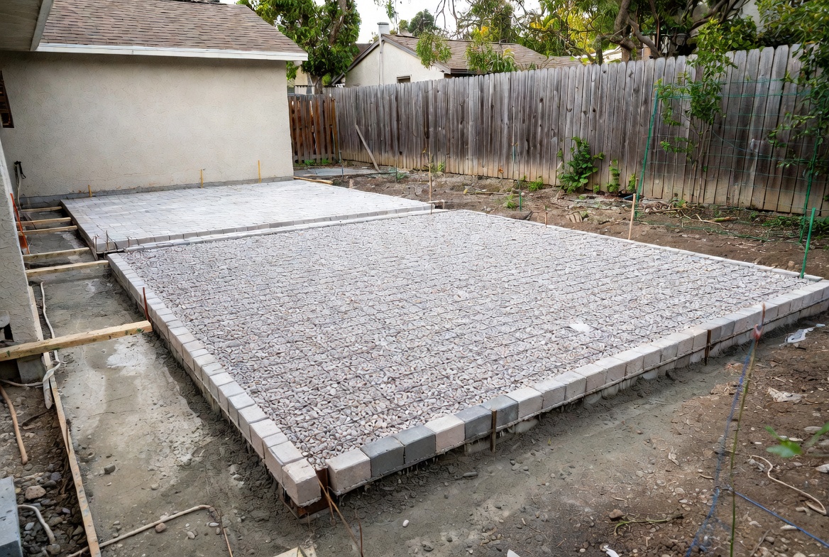 Gravel grid pad beside a raised timber platform in a backyard slab-alternative comparison.
